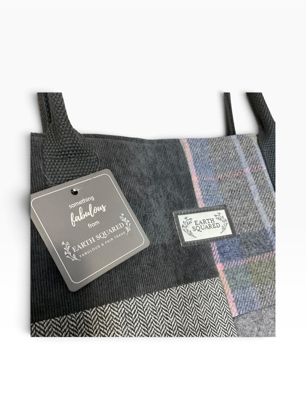 EARTH SQUARED Tote Bag/ Purse Scottish Tweed Patchwork Gray Pink Fair Trade NWT - Picture 5 of 12